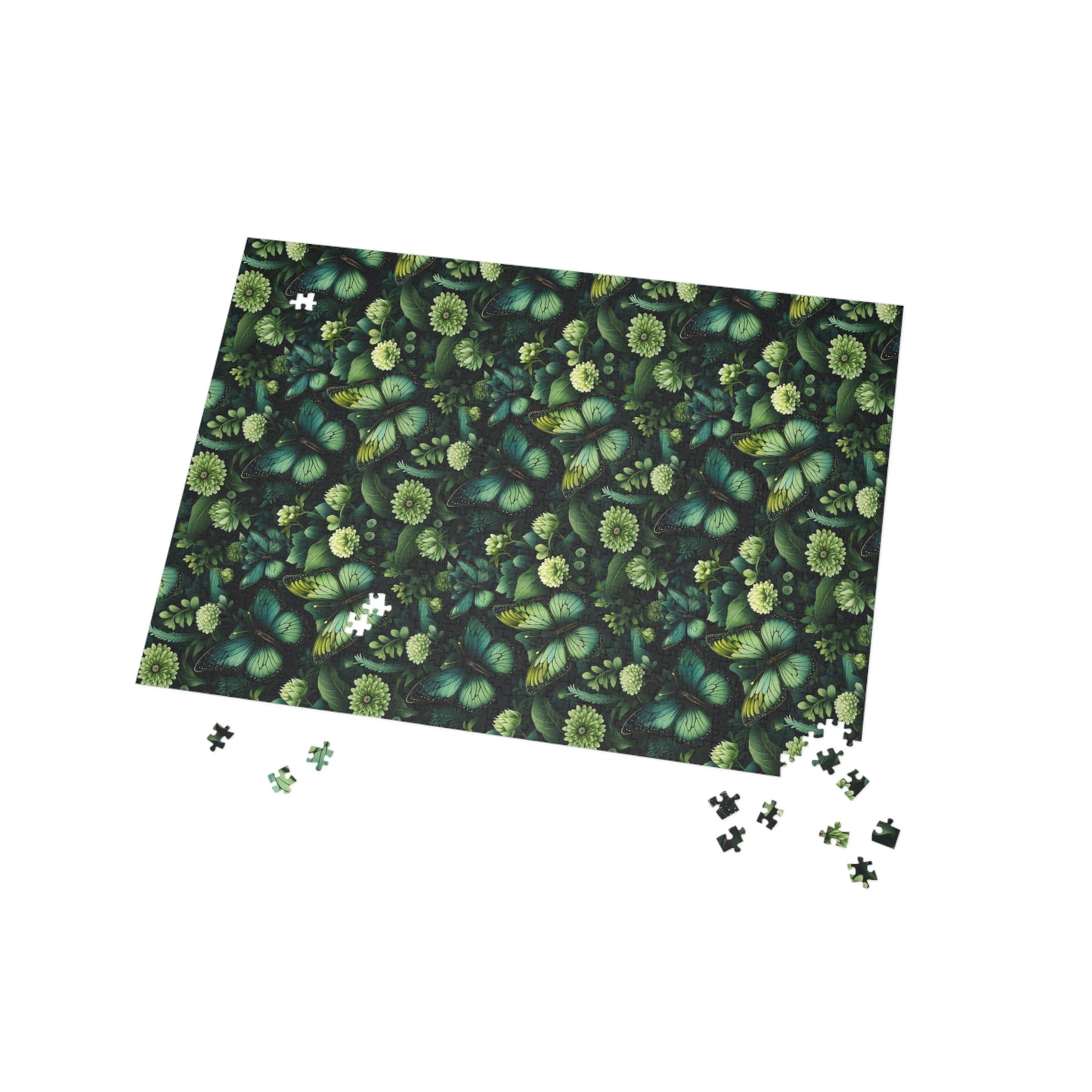Jigsaw puzzle with green leaf and butterfly pattern on a white background