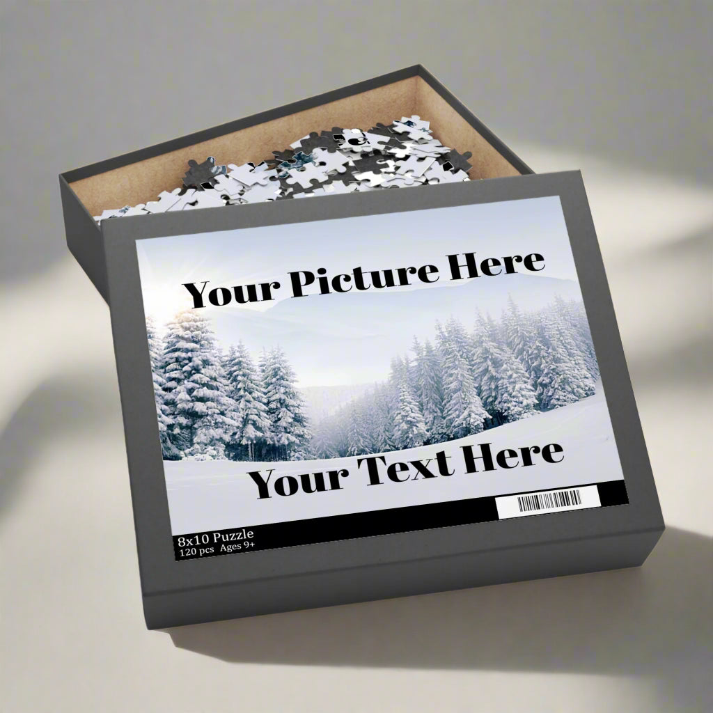 Jigsaw puzzle box with customizable text and picture area on a white background