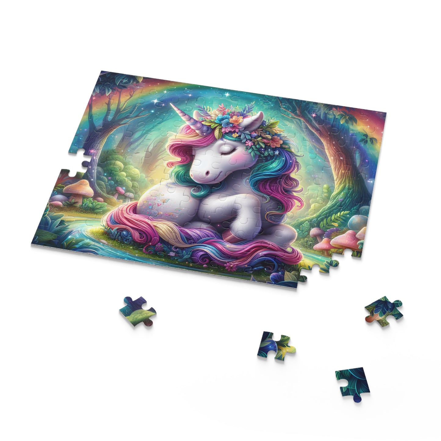 Colorful unicorn puzzle with missing pieces on a white background