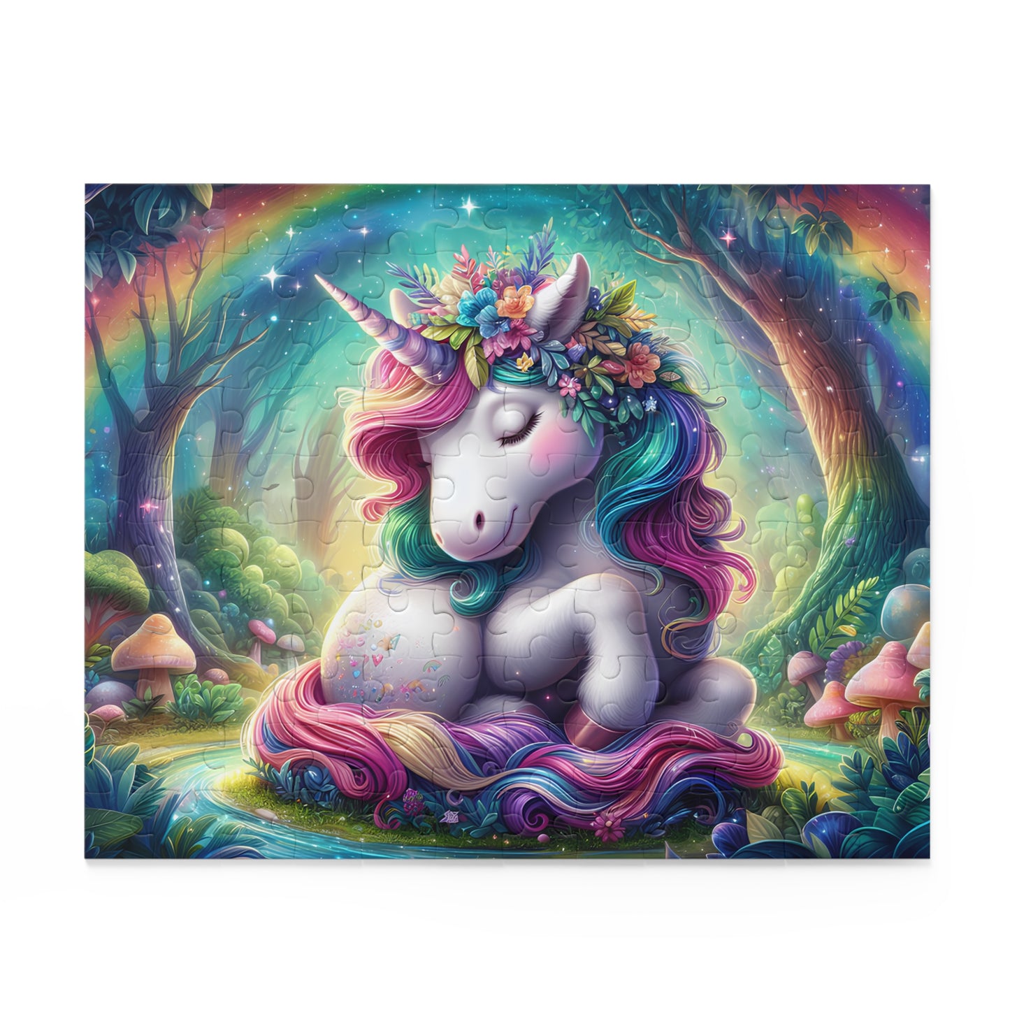 Colorful unicorn with a rainbow mane and tail in a fantasy forest.