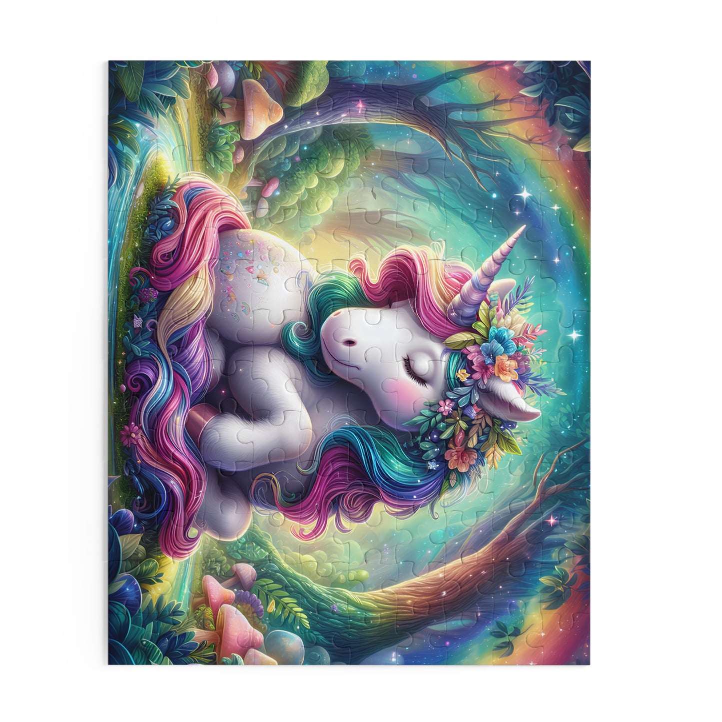 Colorful unicorn illustration with a rainbow and fantasy elements on a white background