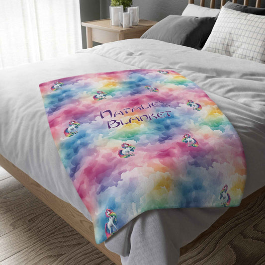Personalised Unicorn - Rainbow Velveteen Microfiber Blanket / Double Sided Print