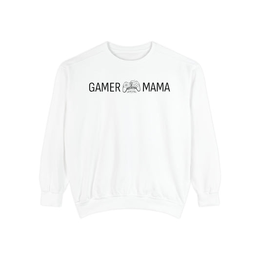 White sweatshirt with 'Gamer Mama' text on a white background