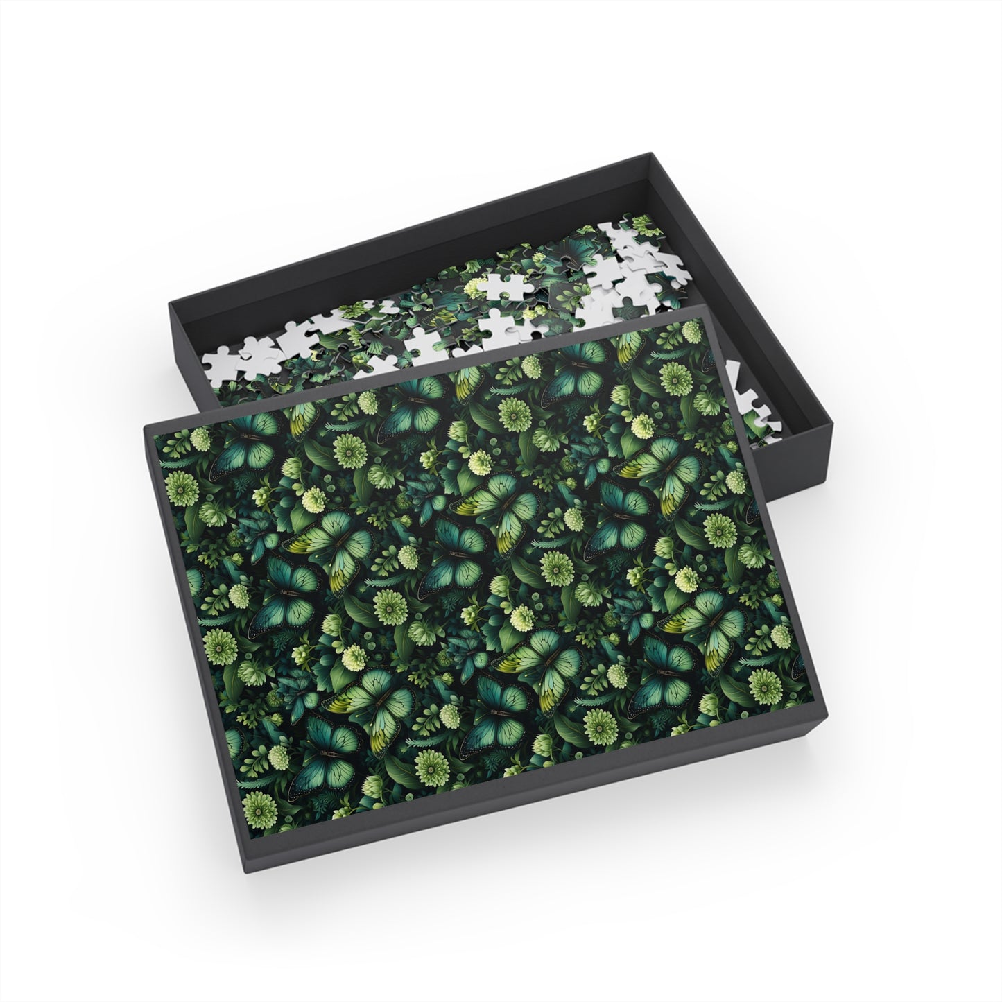 Jigsaw puzzle with green floral design in a black box on a white background