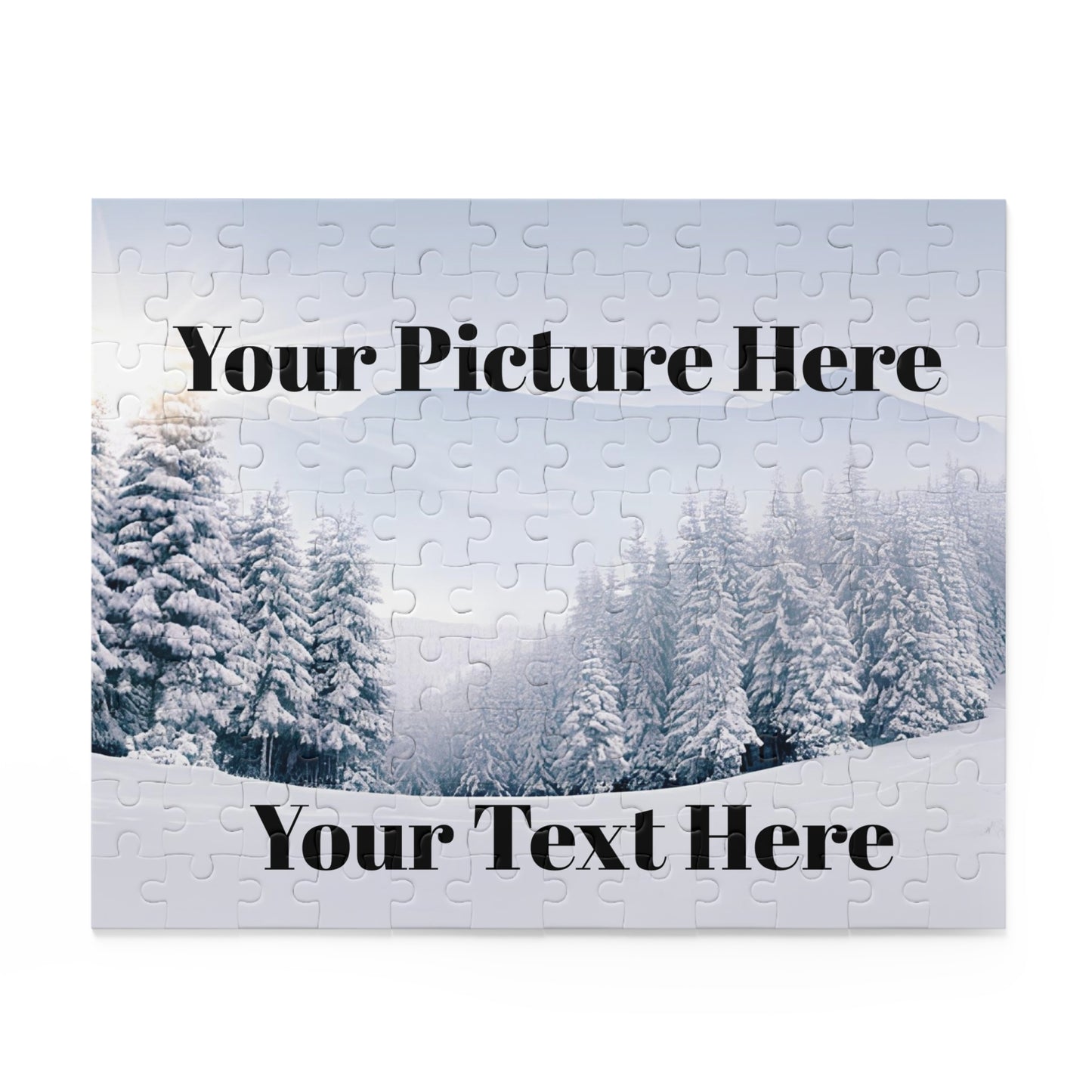 Jigsaw puzzle with a snowy forest design and customizable text on a white background