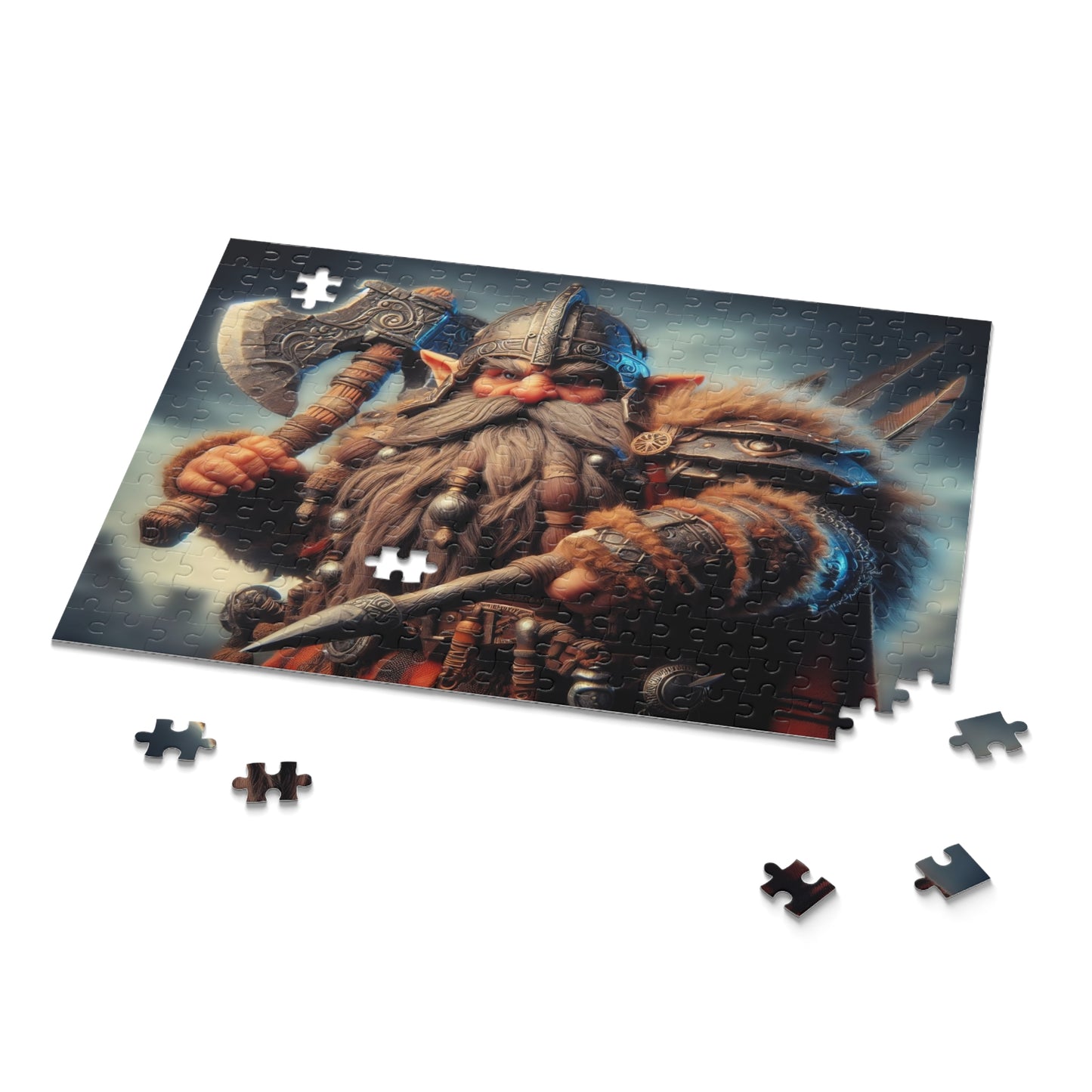 Puzzle with a gnomish warrior design on a white background