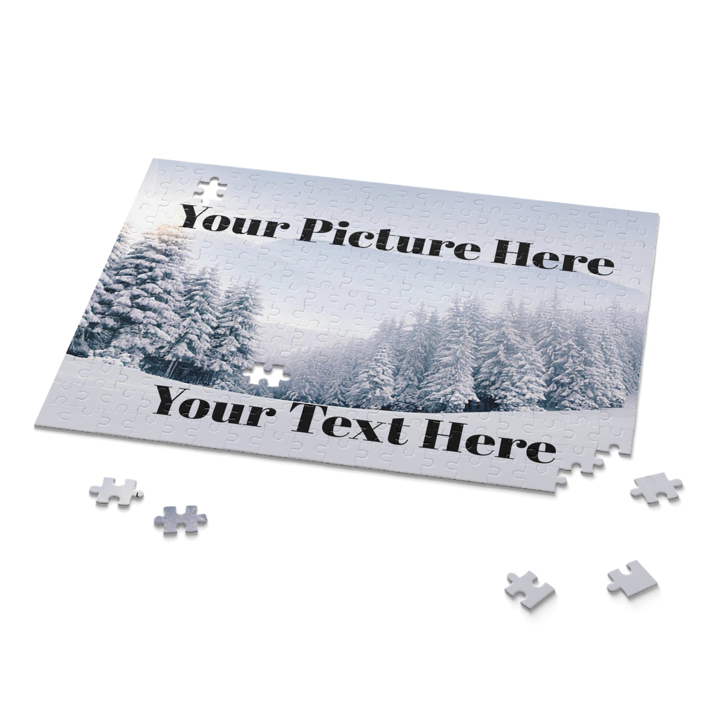 Personalized puzzle with a snowy landscape design and text placeholder on a white background.