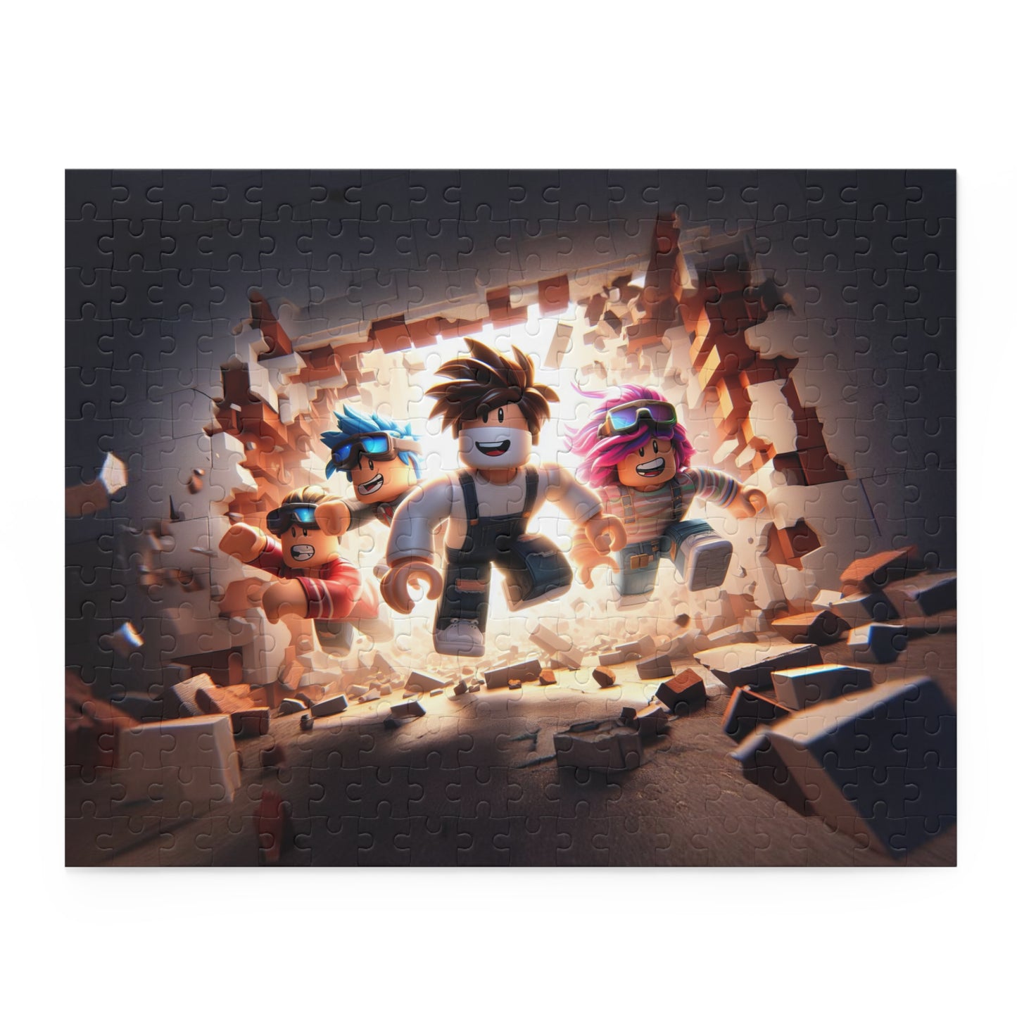 Three animated characters in a room with a brick wall and scattered bricks.