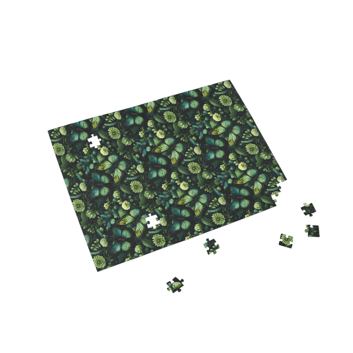 Jigsaw puzzle with green leaf pattern on a white background