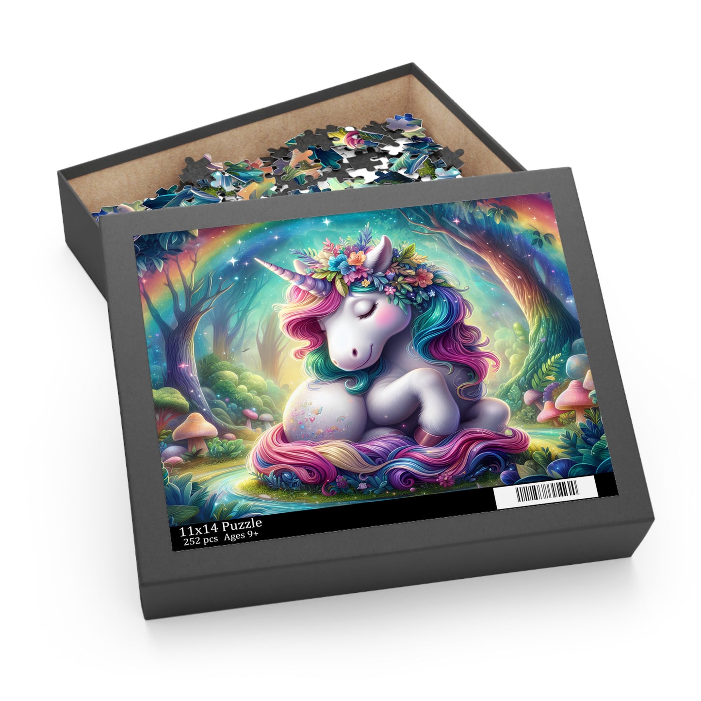 Jigsaw puzzle box with a colorful unicorn design on a white background