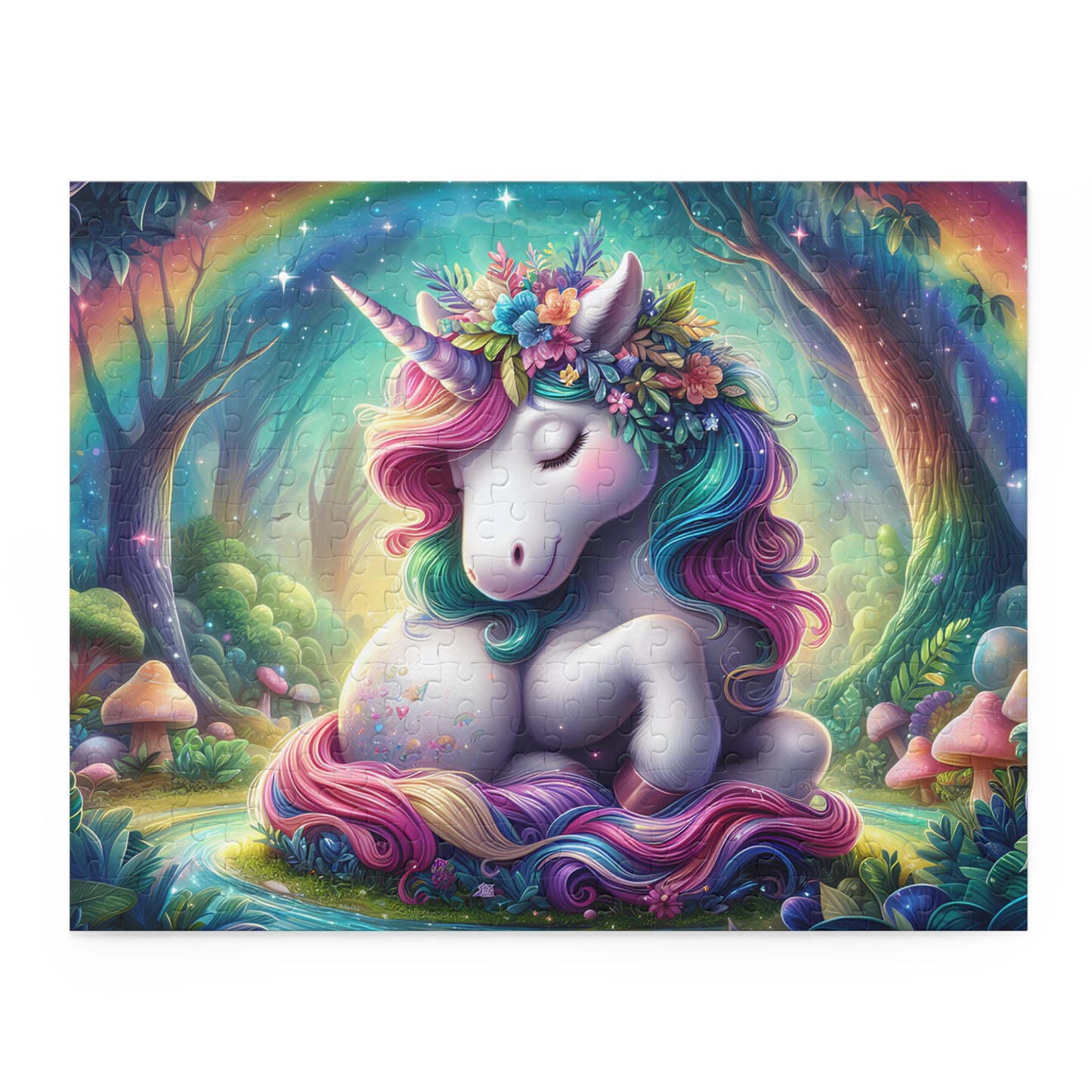 Colorful unicorn in a fantasy forest with rainbow and flowers.