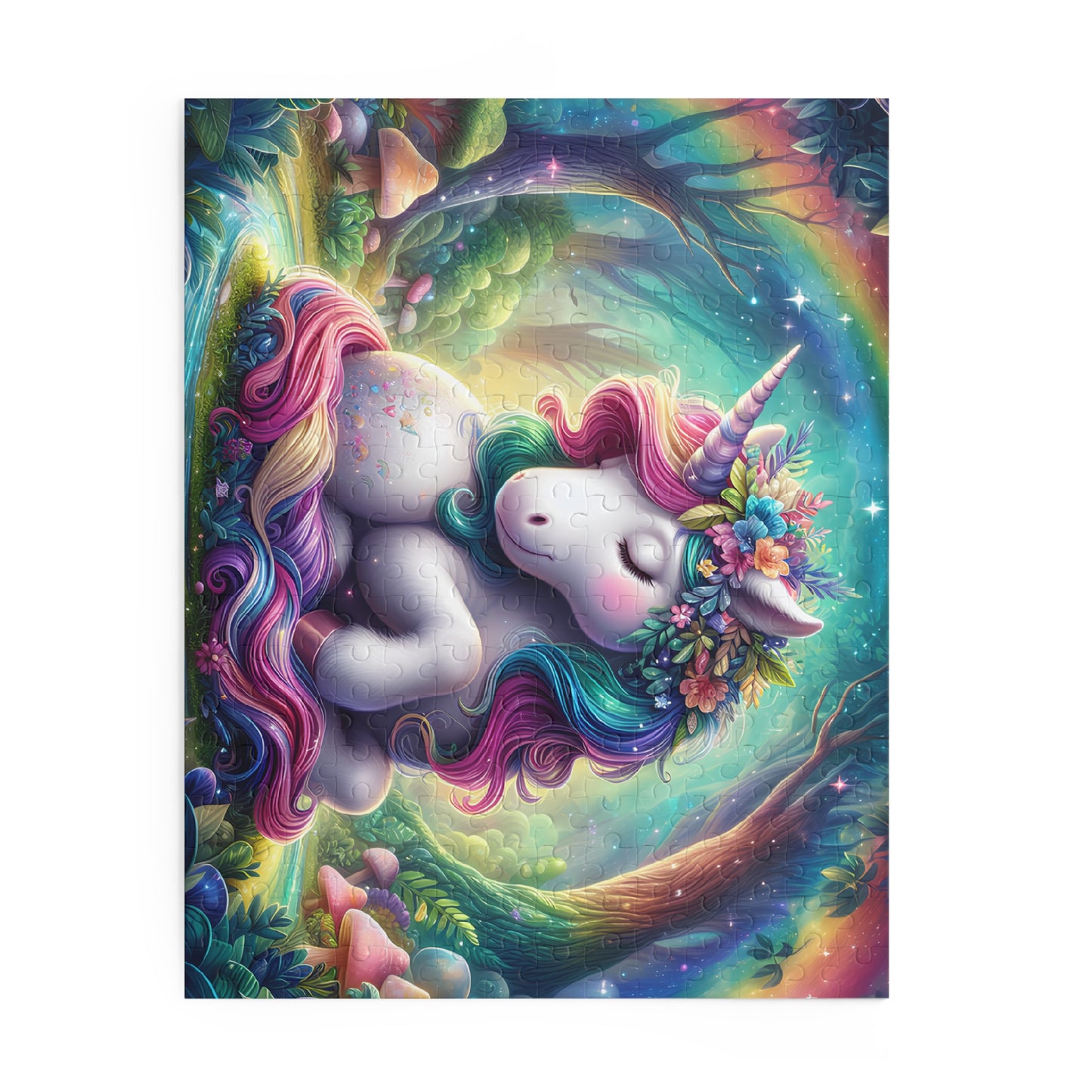 Colorful unicorn illustration in a fantasy forest with rainbow elements