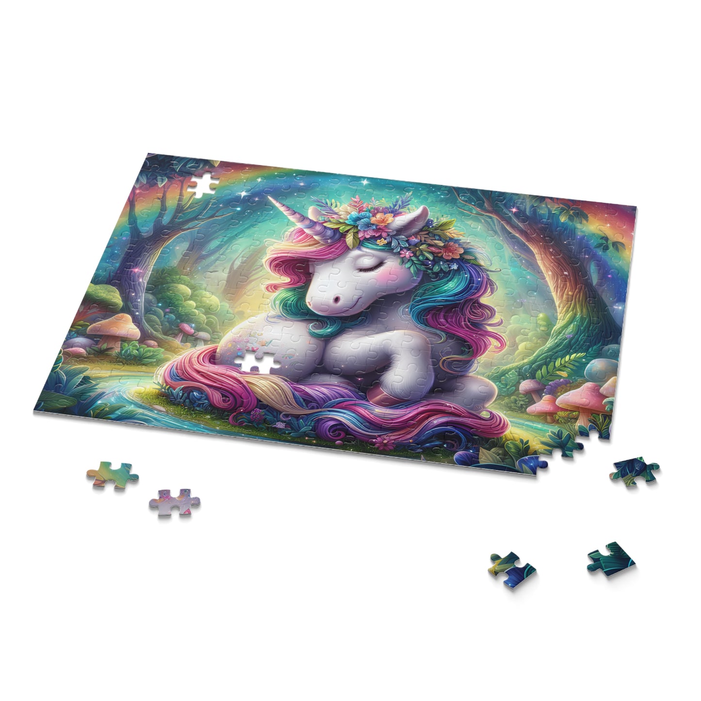 Colorful unicorn puzzle with missing pieces on a white background