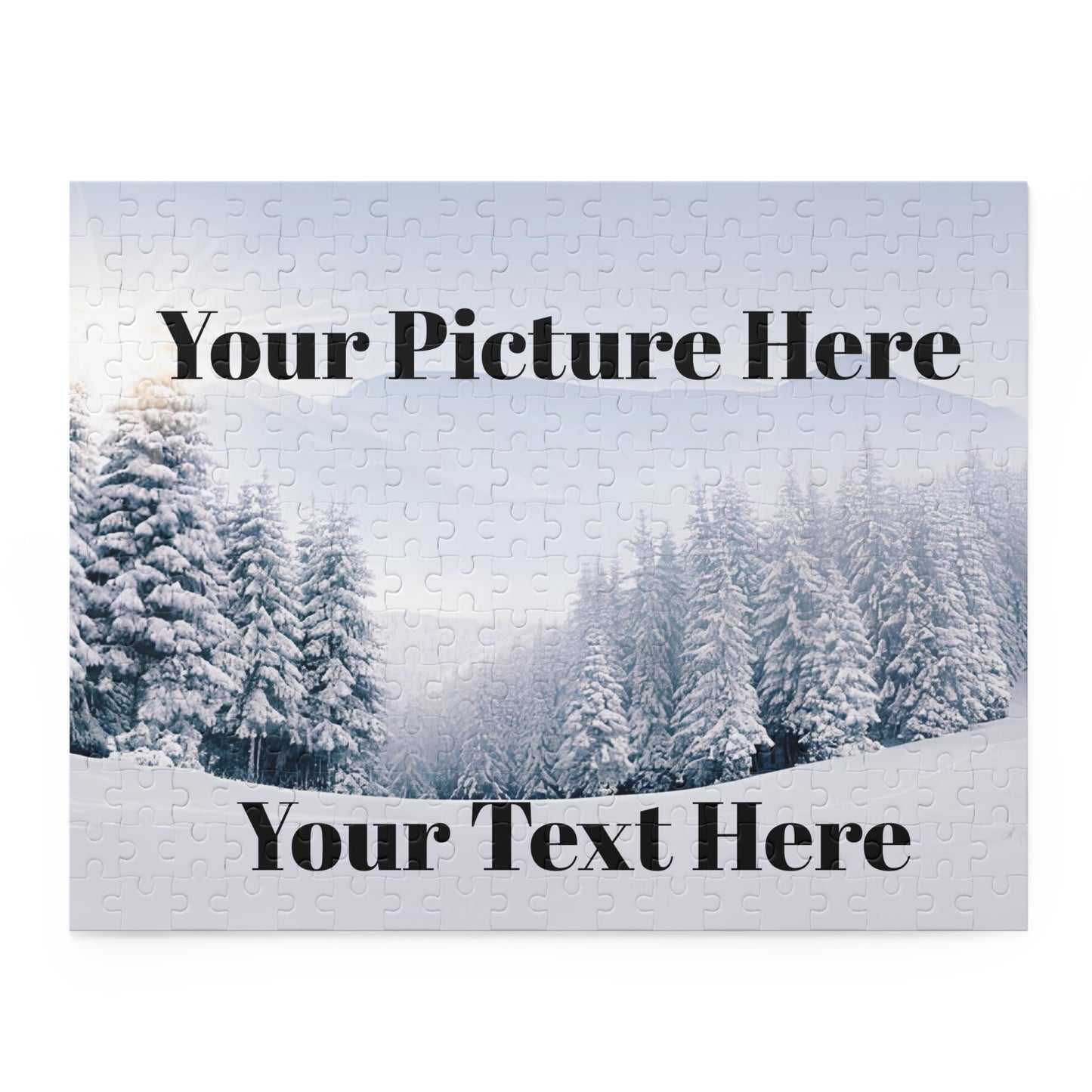 Jigsaw puzzle with a winter scene of snow-covered trees and customizable text.