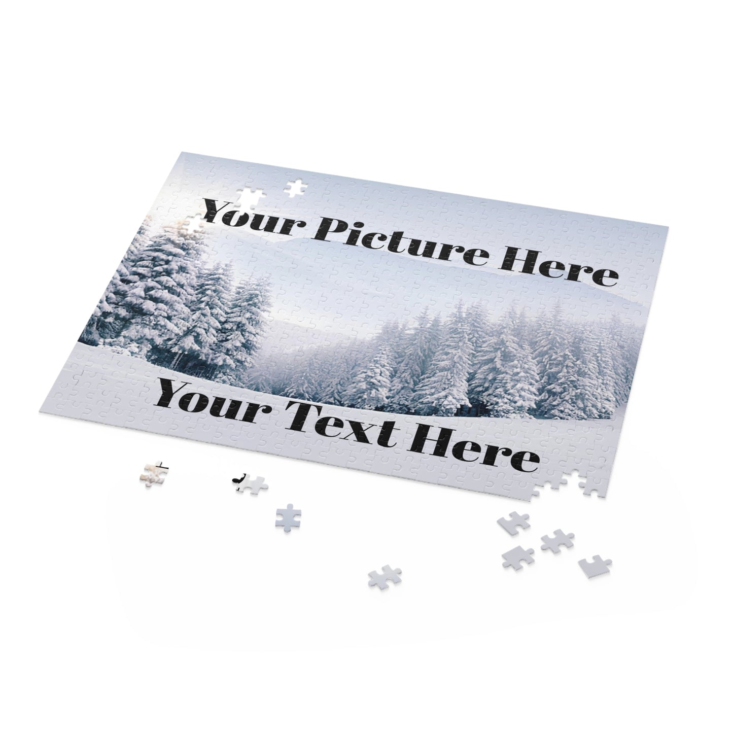 custom photo Jigsaw puzzle with a snowy forest design and customizable text on a white background