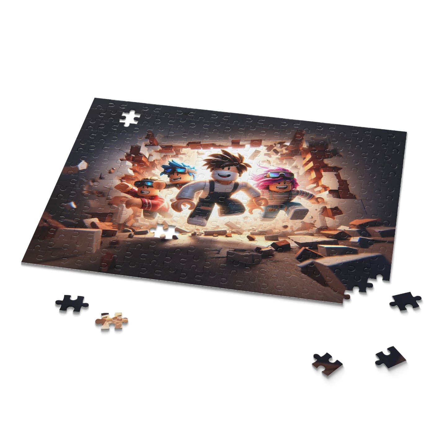 Puzzle with characters in a dark setting, missing pieces on a white background