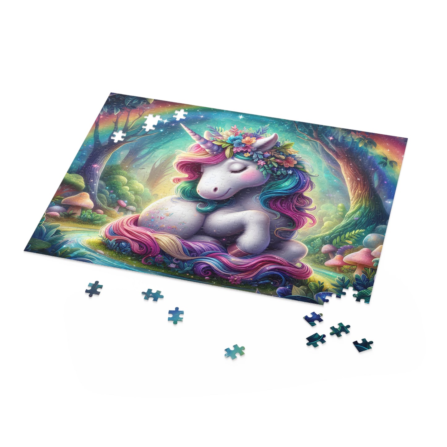 Jigsaw puzzle with a colorful unicorn design on a white background