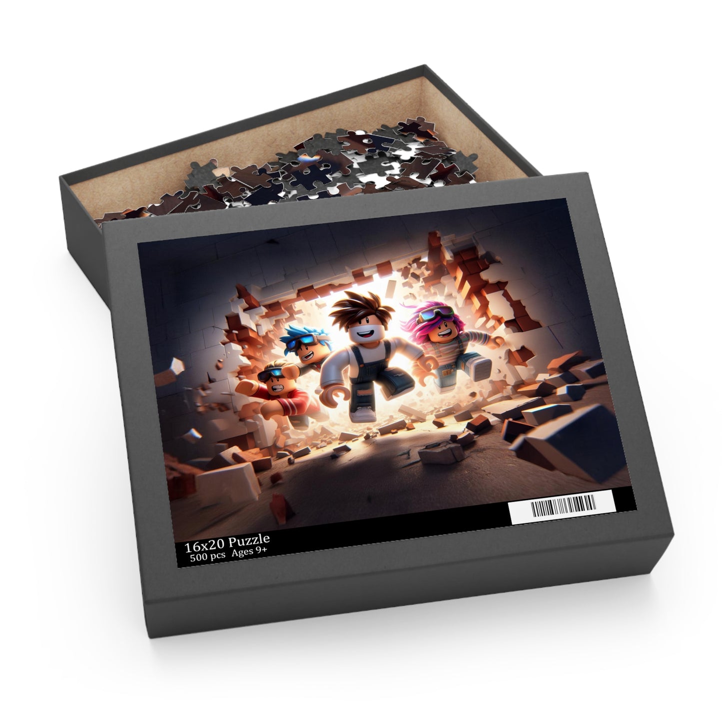Puzzle box with a colorful Roblox illustration of characters on the cover