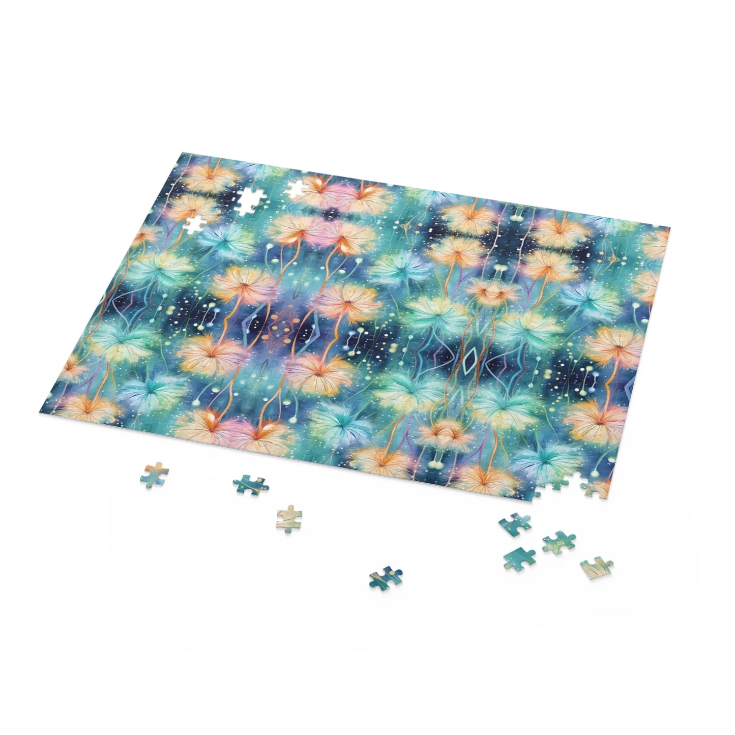 Jigsaw puzzle with floral design on a white background