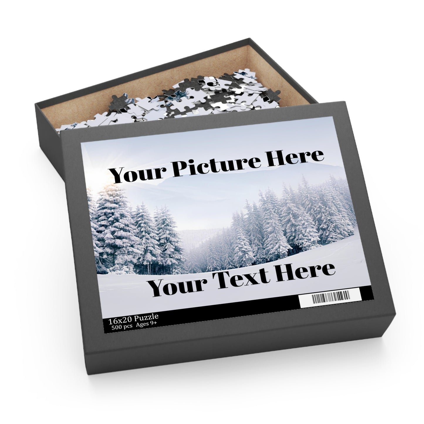 Jigsaw puzzle box with customizable text and image area on a white background