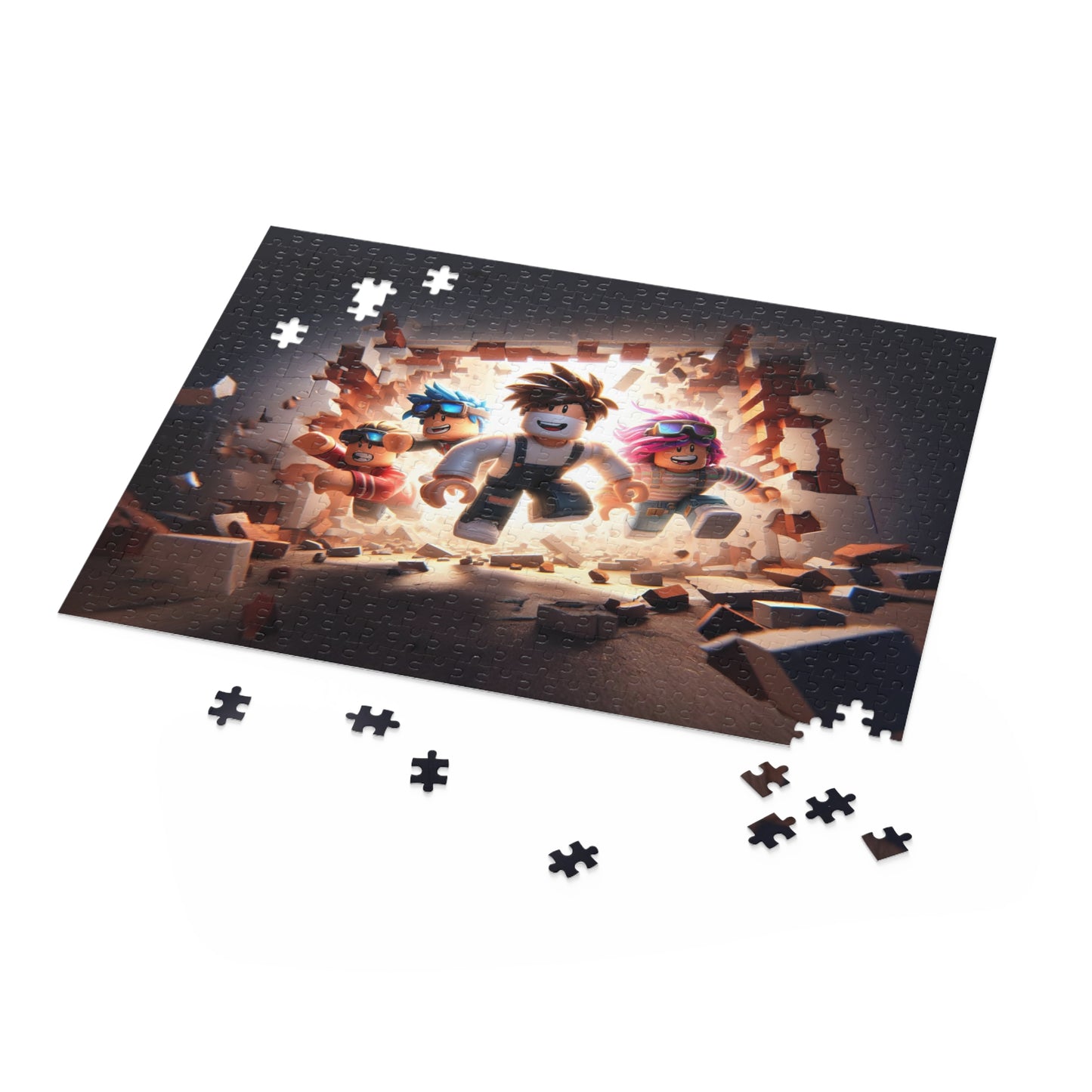 Puzzle with characters and pieces on a white background