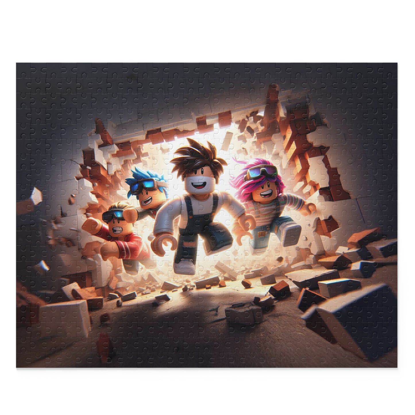 Four animated characters breaking through a wall with a dark background