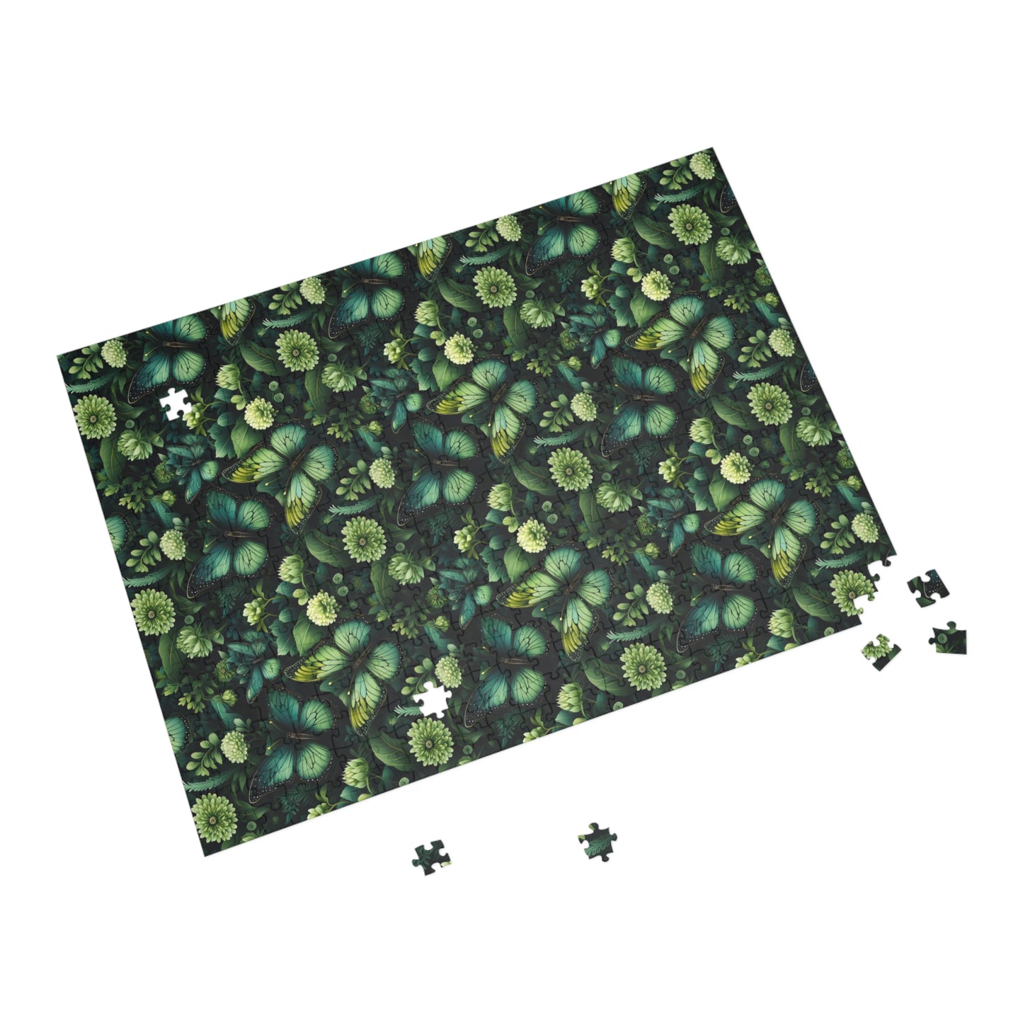 Jigsaw puzzle with green leaf pattern on a white background