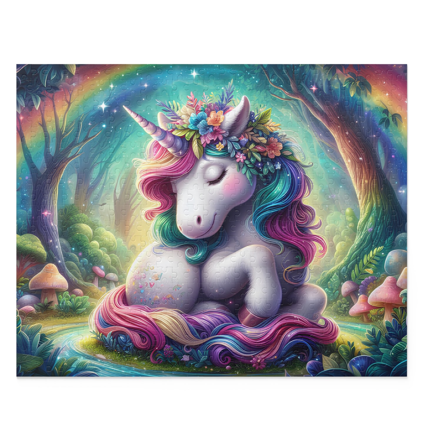 Colorful unicorn with a rainbow mane in a fantasy forest