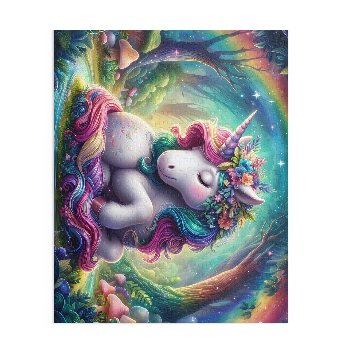 Colorful illustration of a unicorn with rainbow hair in a fantasy setting