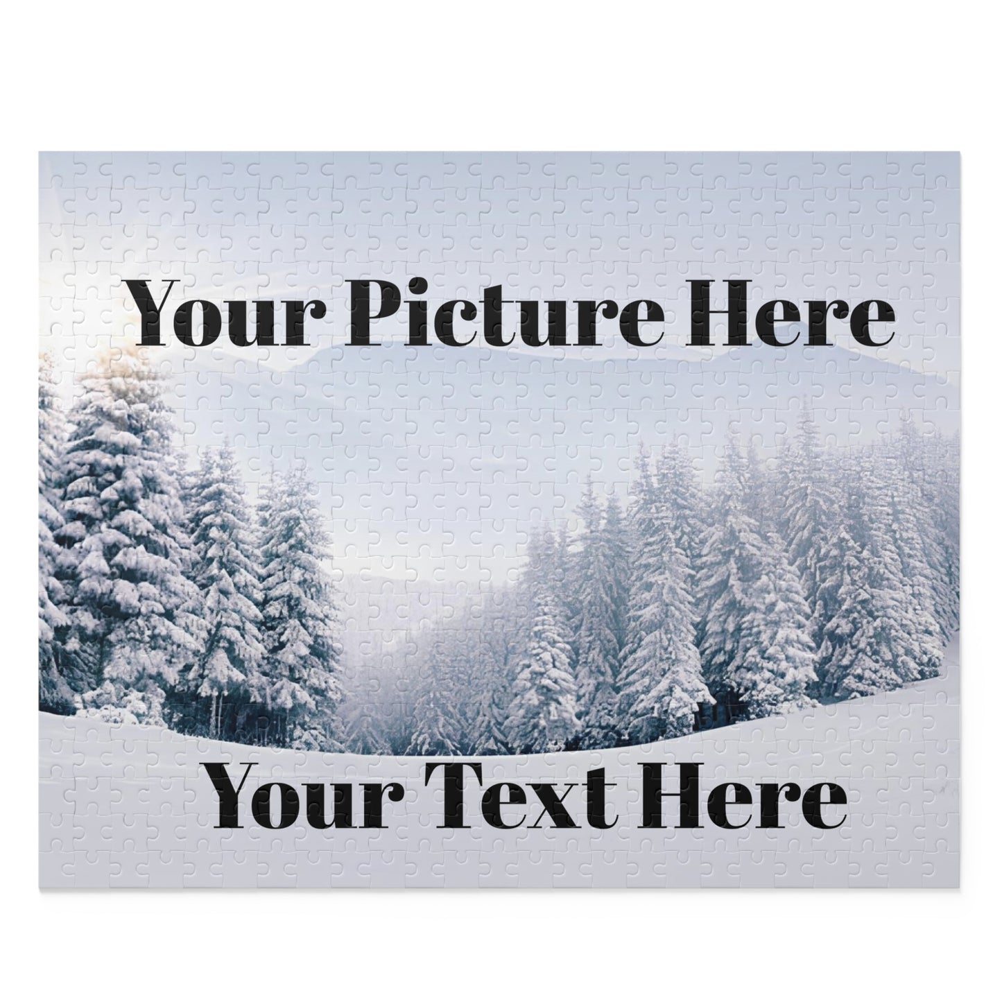 example of Winter scene with snow-covered trees and text overlay 'YOUR PHOTO HERE' on a white brick wall background