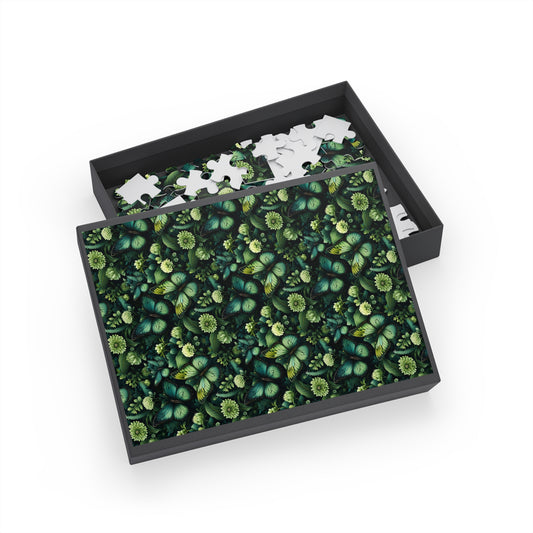 Jigsaw puzzle with green floral design in a black box on a white background