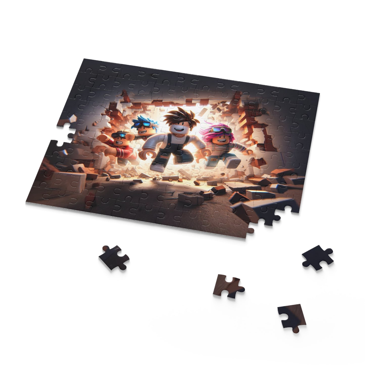 Jigsaw puzzle with three animated characters in a dark setting, missing several pieces.