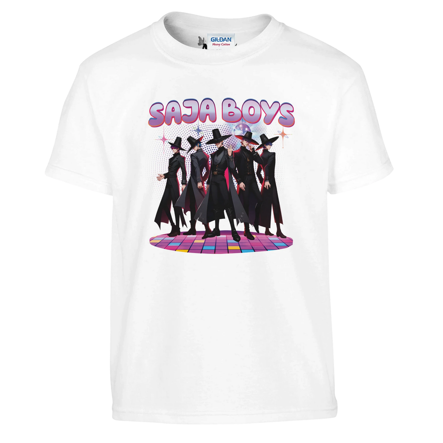 White t-shirt with 'Saja Boys' graphic design on a white background