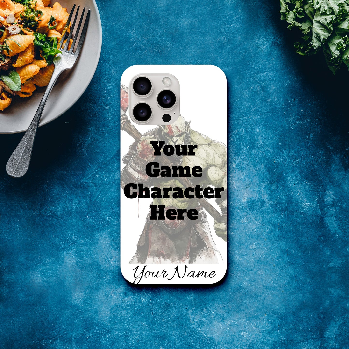 iPhone case with customizable text and picture on a blue surface with food