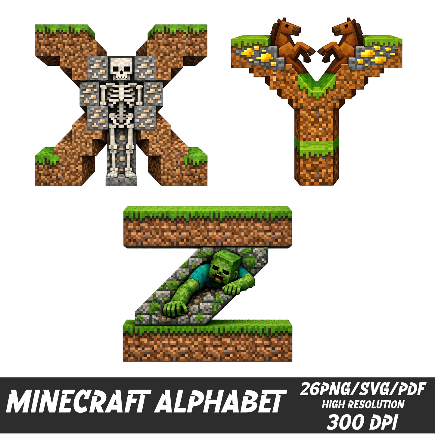 Mine craft Inspired Alphabet PNG SVG PDF