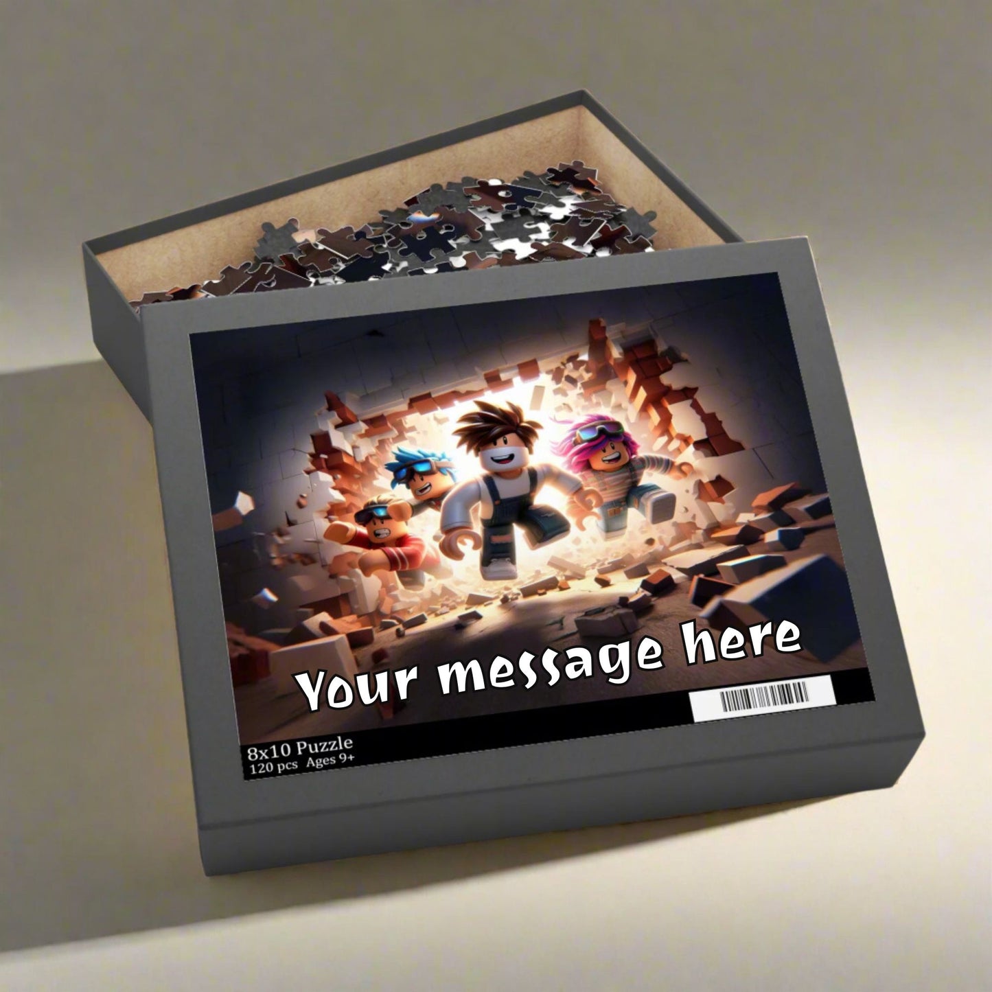 Puzzle box with cartoon characters on a screen displaying 'Your message here'.