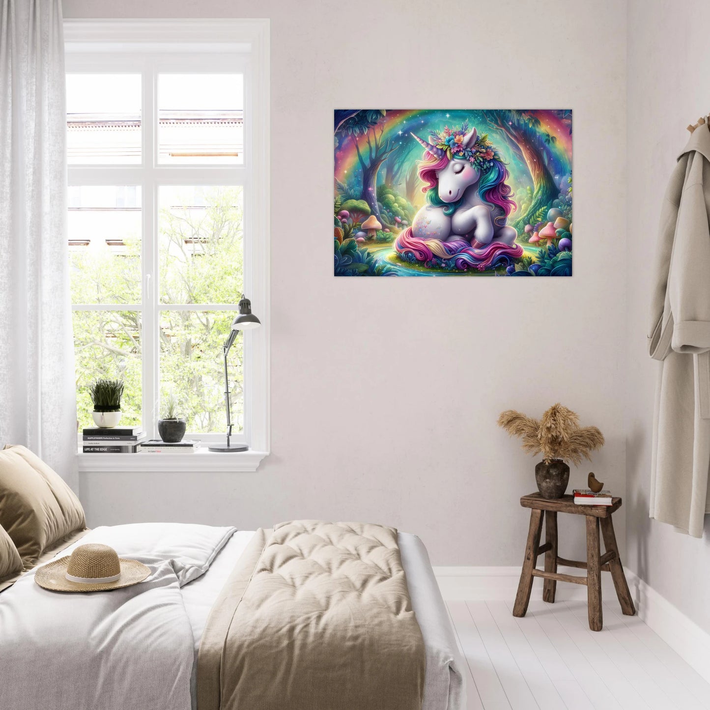 Colorful unicorn poster on a wall above a bed in a bright bedroom.