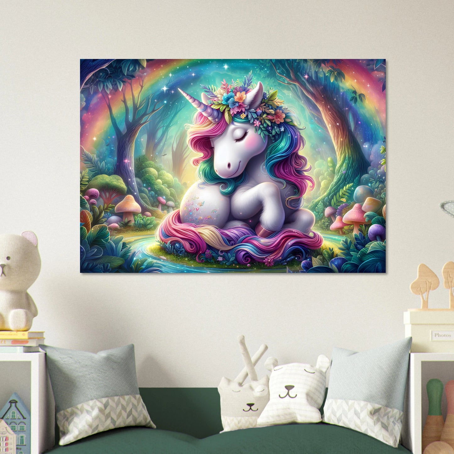 Colorful unicorn poster on a wall in a child's room with toys and bedding.