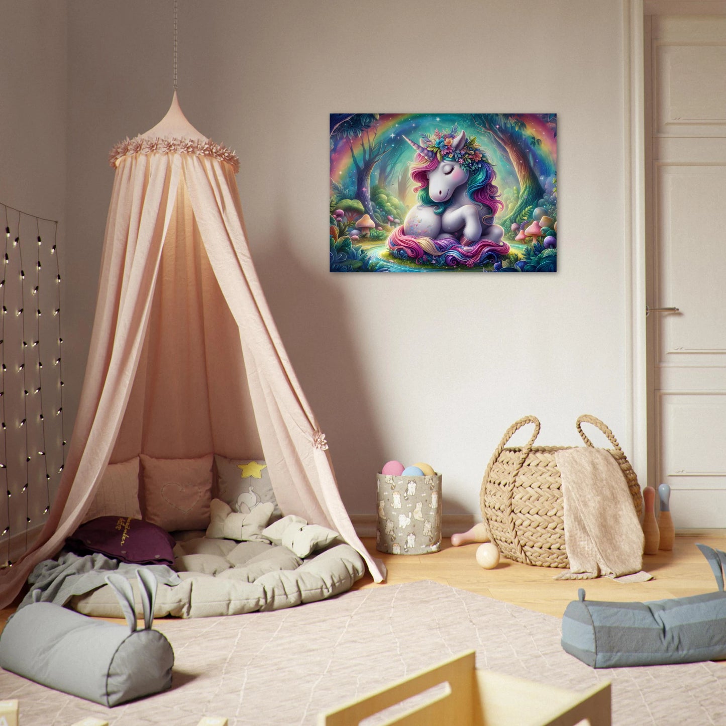 Children's room with a unicorn poster on the wall, canopy, and toys.