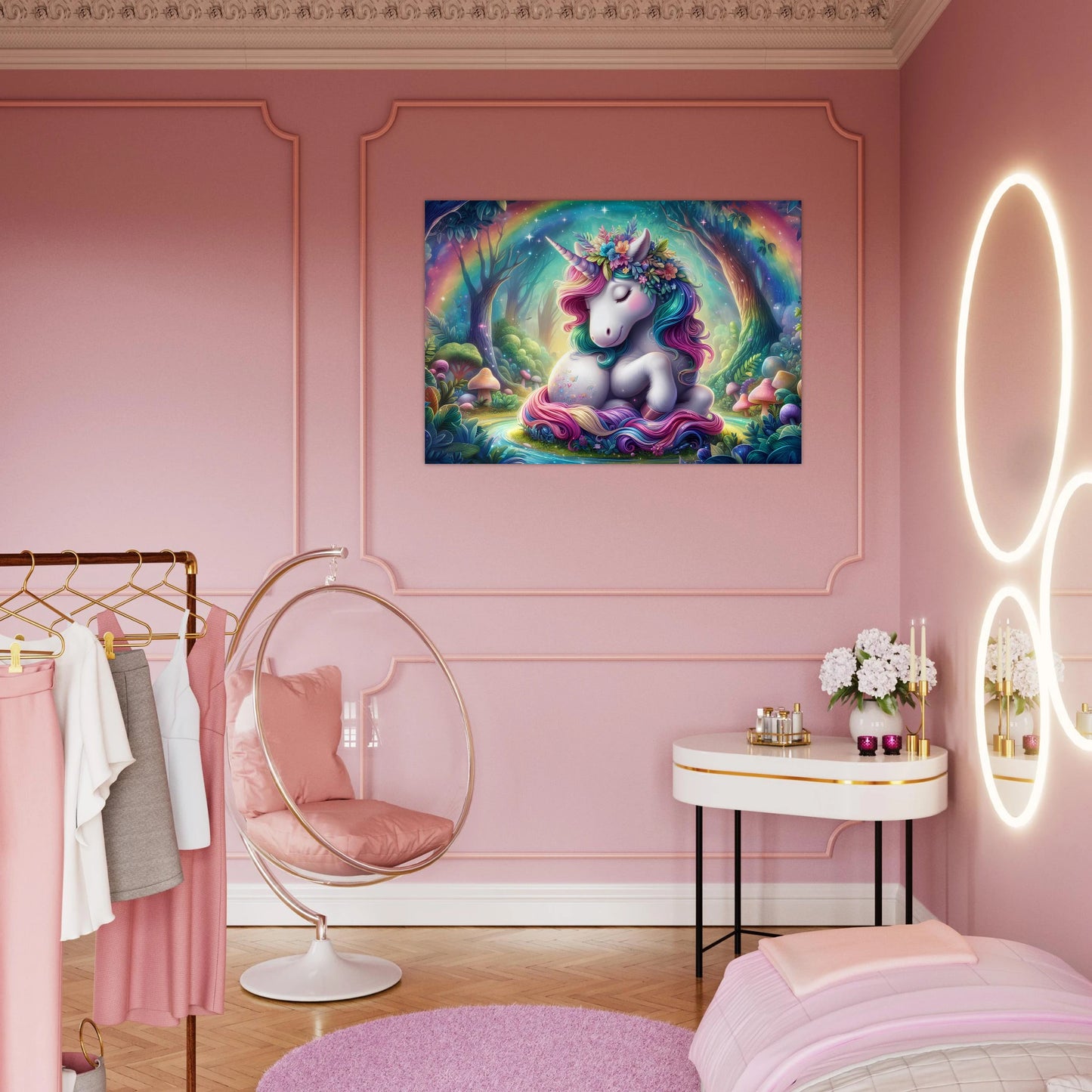 Pink-themed room with a unicorn painting on the wall