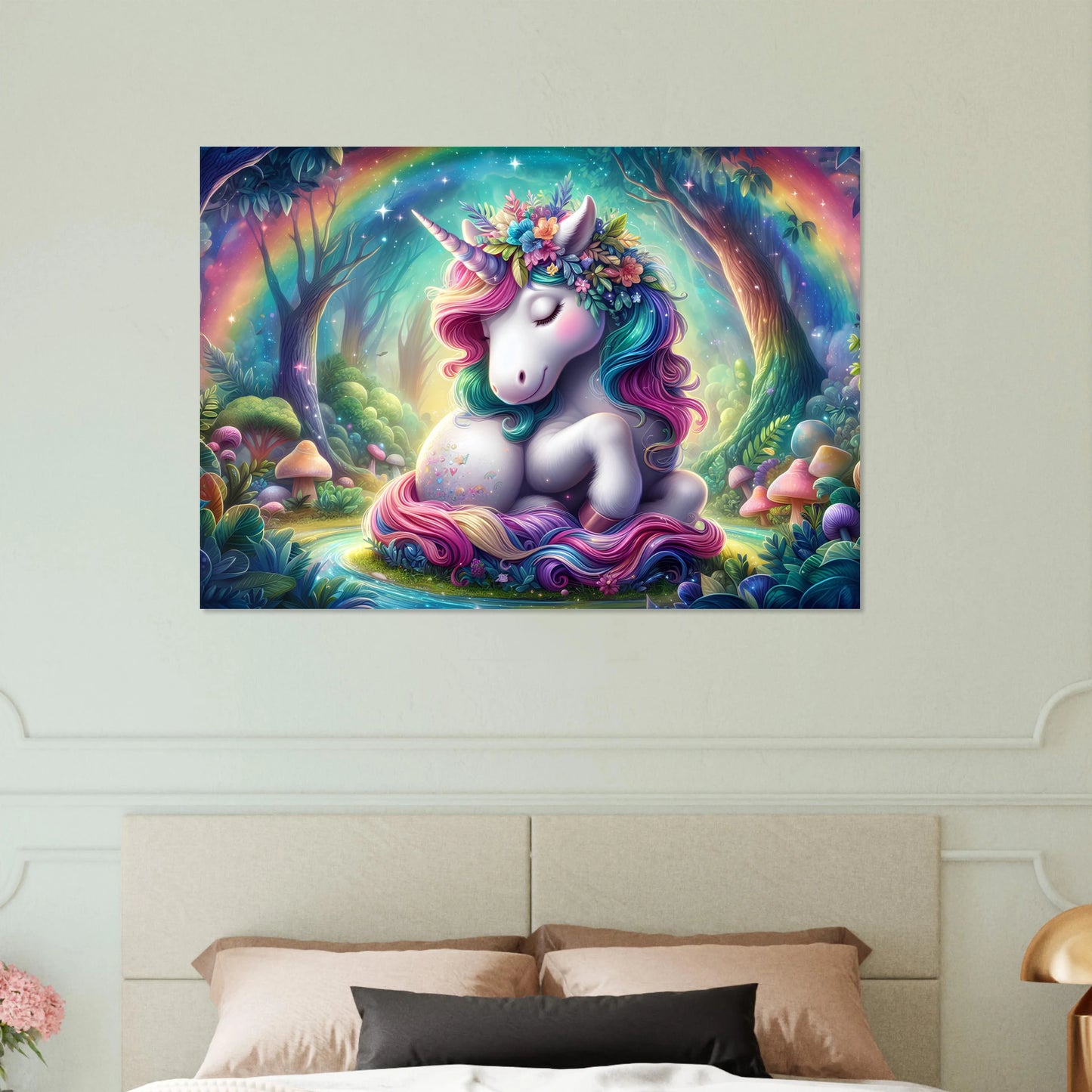 Colorful unicorn poster on a wall above a bed, bedroom decor