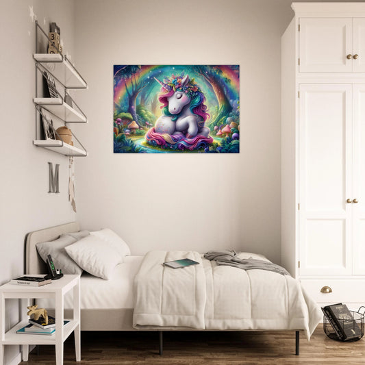 Room interior with a unicorn poster on the wall above a bed.