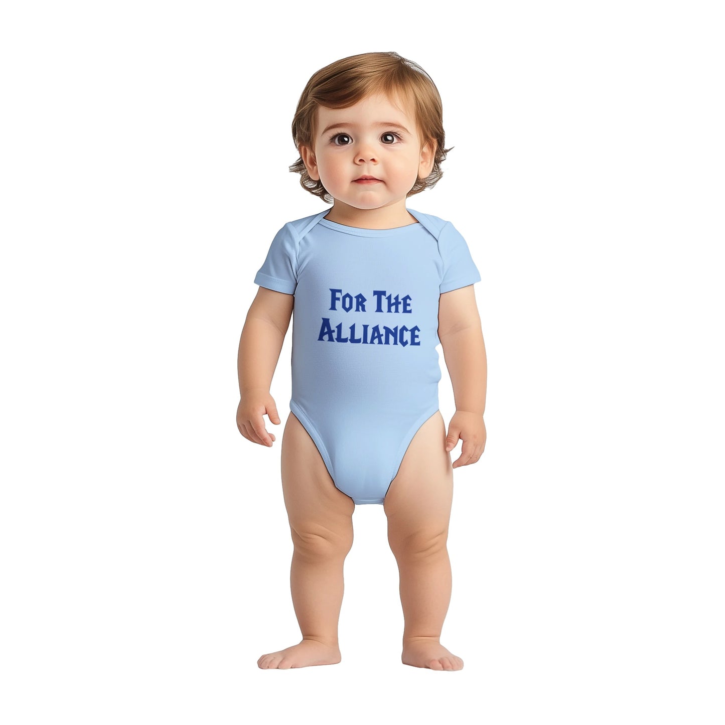Baby wearing a light blue onesie with 'For The Alliance' text on a white background