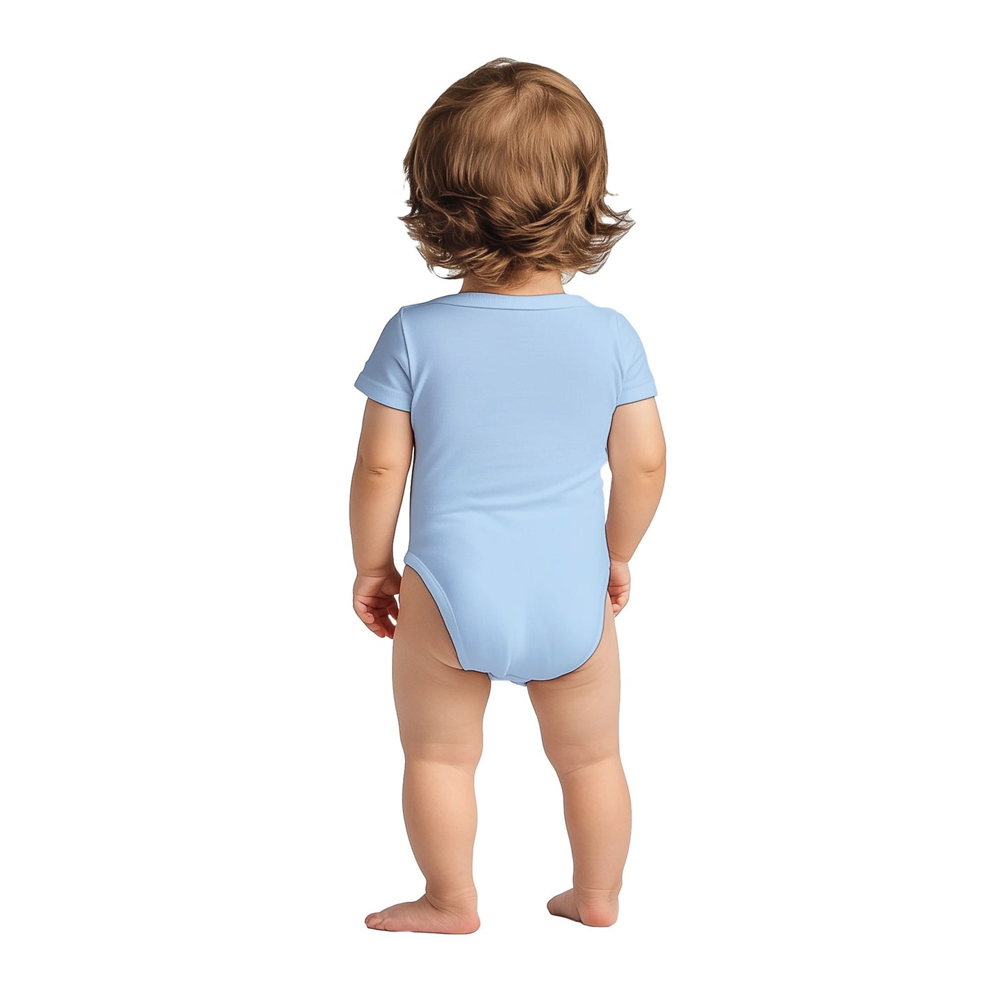 baby wearing a light blue onesie, baby bodysuit with short sleeves on a white background