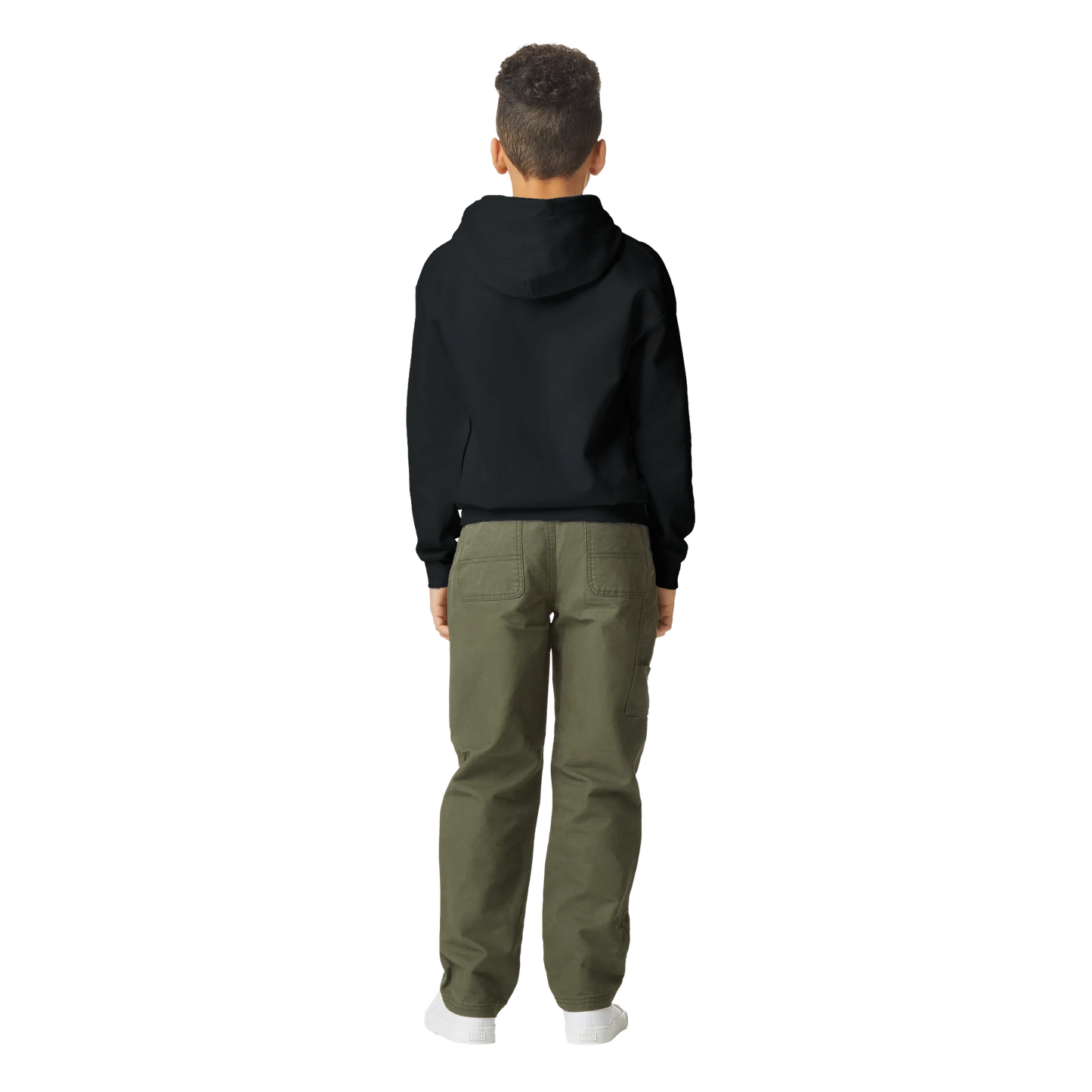 Person wearing a black hoodie and green pants on a white background