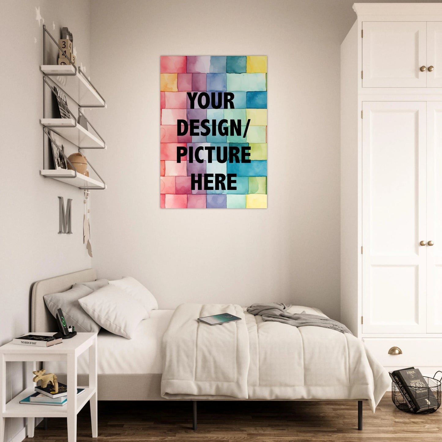 Custom design poster, Bedroom with a colorful abstract wall art piece above a bed. Your design or Your picture.