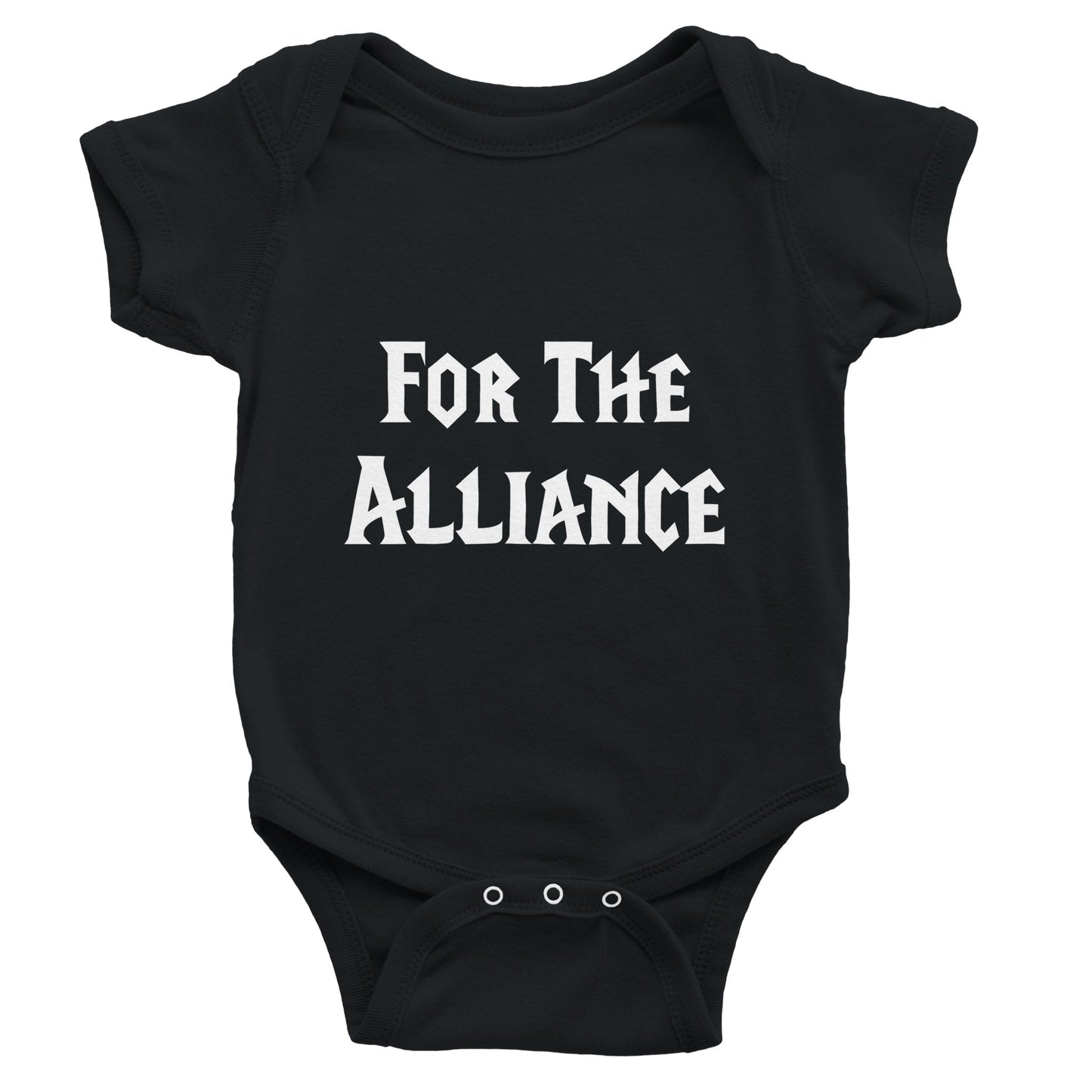 Black baby onesie with 'For The Alliance' text on a white background