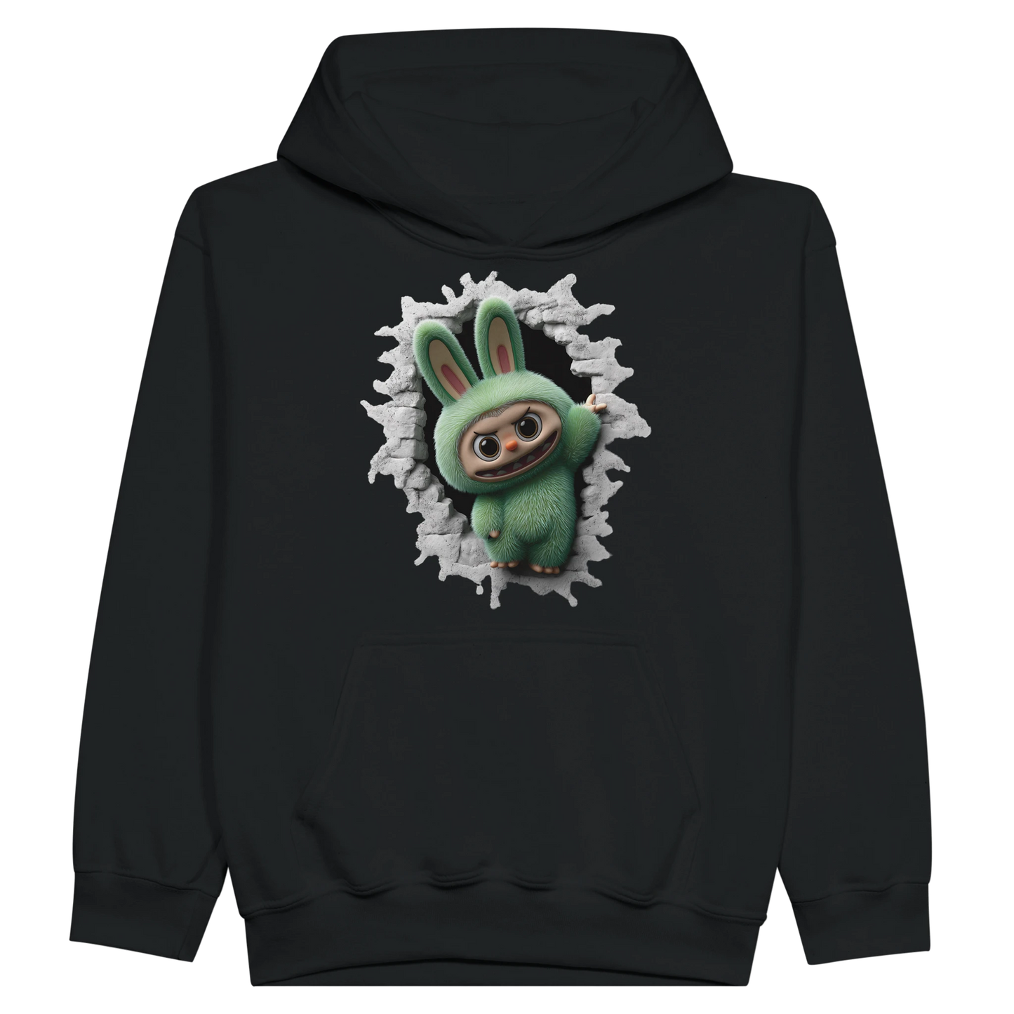 Black hoodie with a green labubu monster character design on the front against a white background