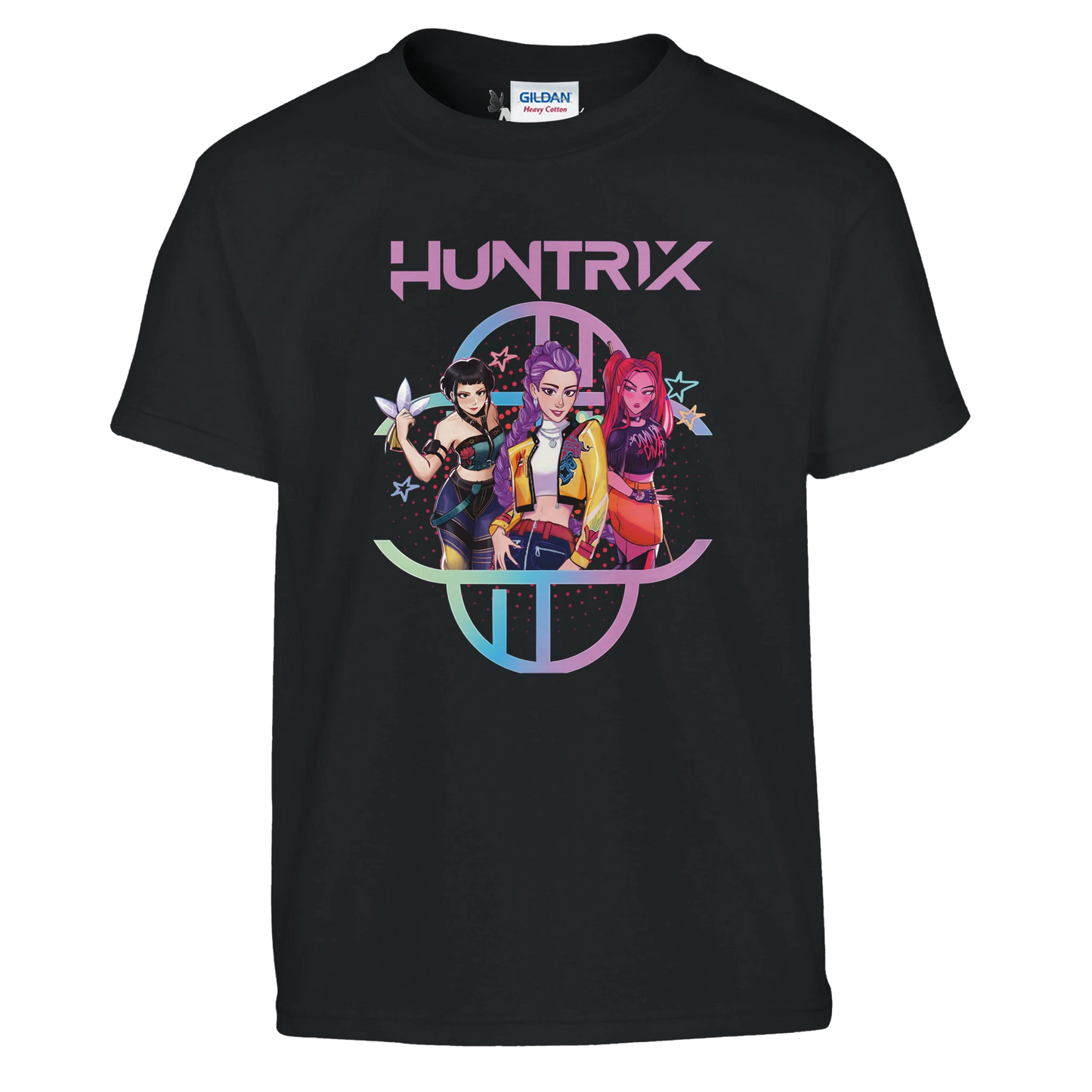 Black t-shirt with 'HUNTRIX' graphic design featuring three characters on a white background.