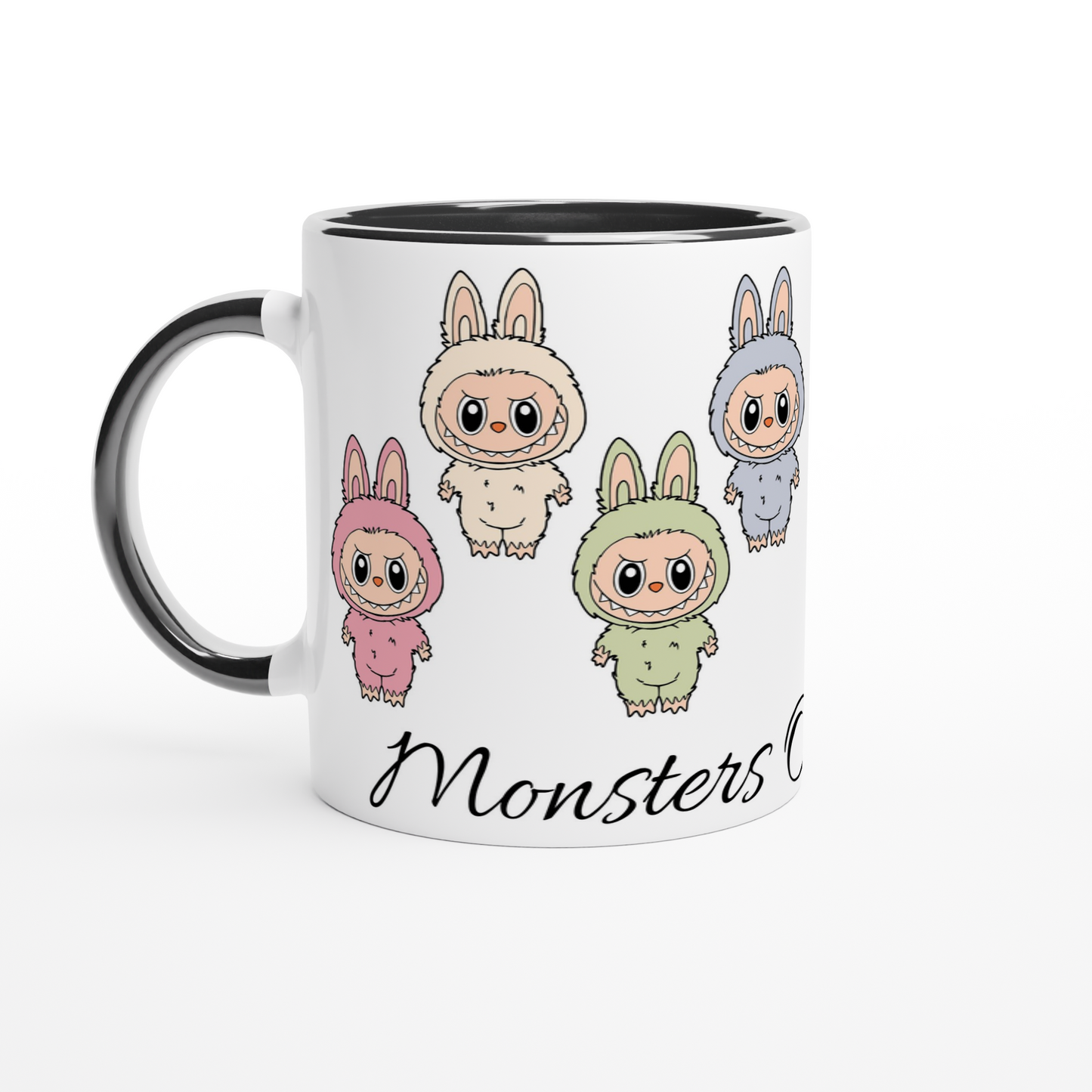 Mug with cartoon monsters in colorful costumes on a white background